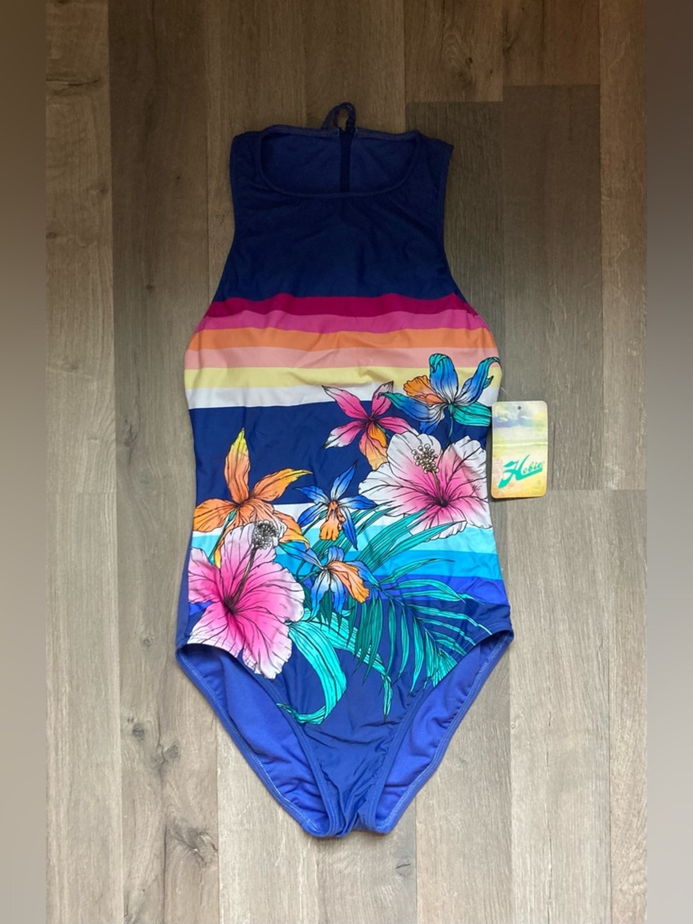 NWT Hobie High-Neck One-Piece Swimsuit - Tropical Floral & Striped Zip-Back Sz M